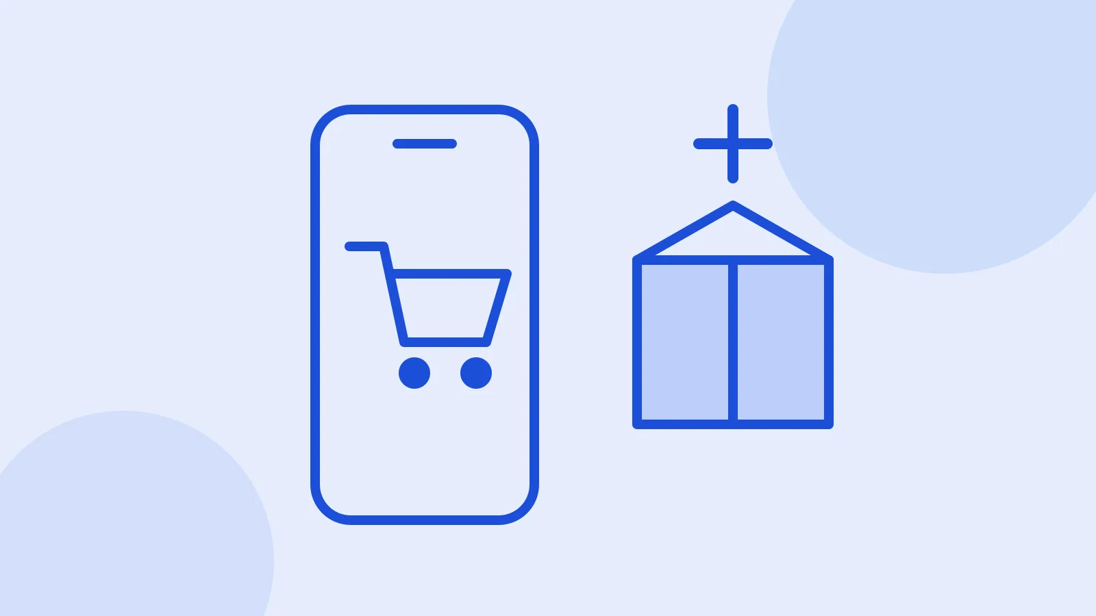 Illustration of a phone with a shopping cart and a plus sign next to a delivery box