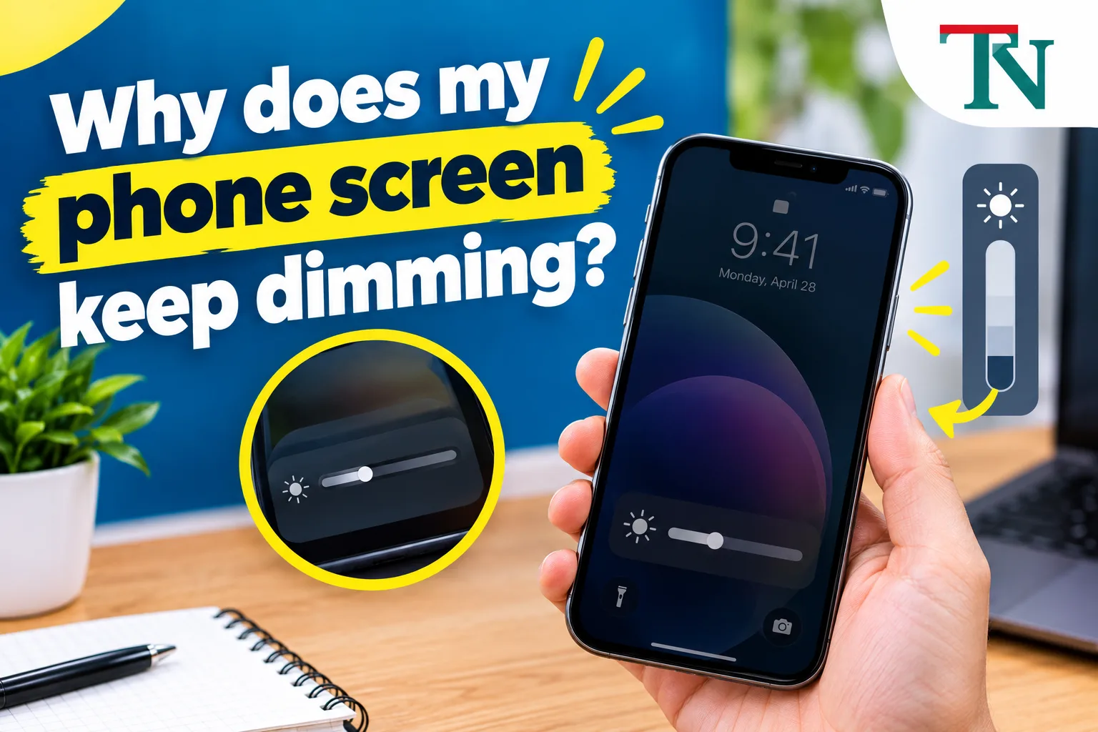 Hand holding a phone with the brightness slider turned down on a dim screen