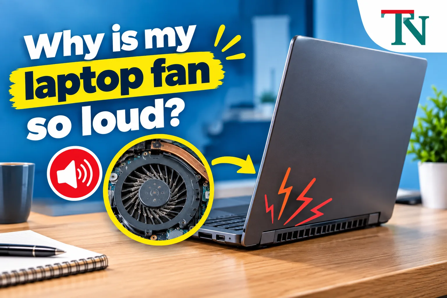 Laptop on a desk with a close-up of a dusty cooling fan inside it