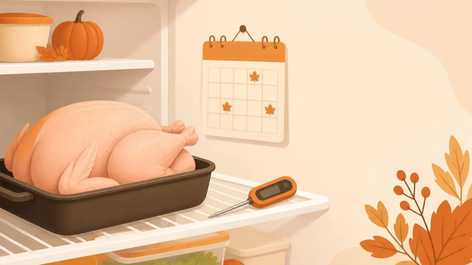 Raw turkey in a roasting pan on a refrigerator shelf next to a food thermometer and a fall calendar