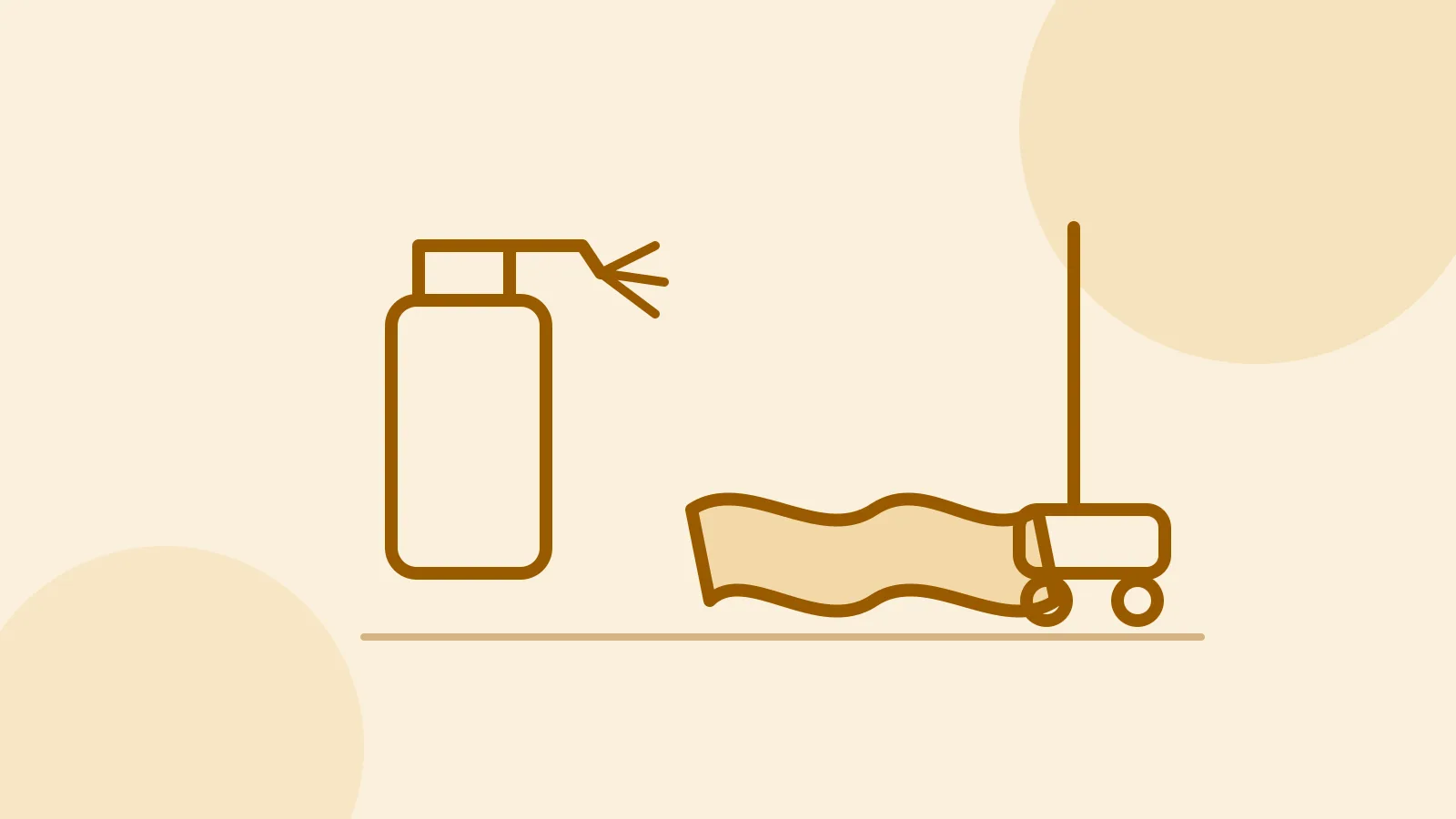 Illustration of a spray bottle, cleaning cloth, and vacuum cleaner