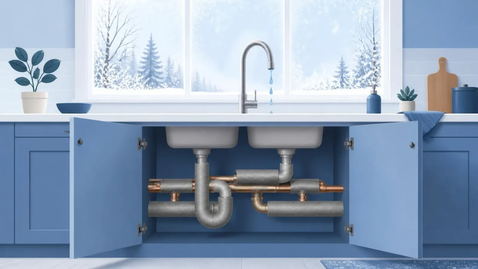 Kitchen sink cabinet open to show foam-insulated pipes, with a dripping faucet and a snowy window