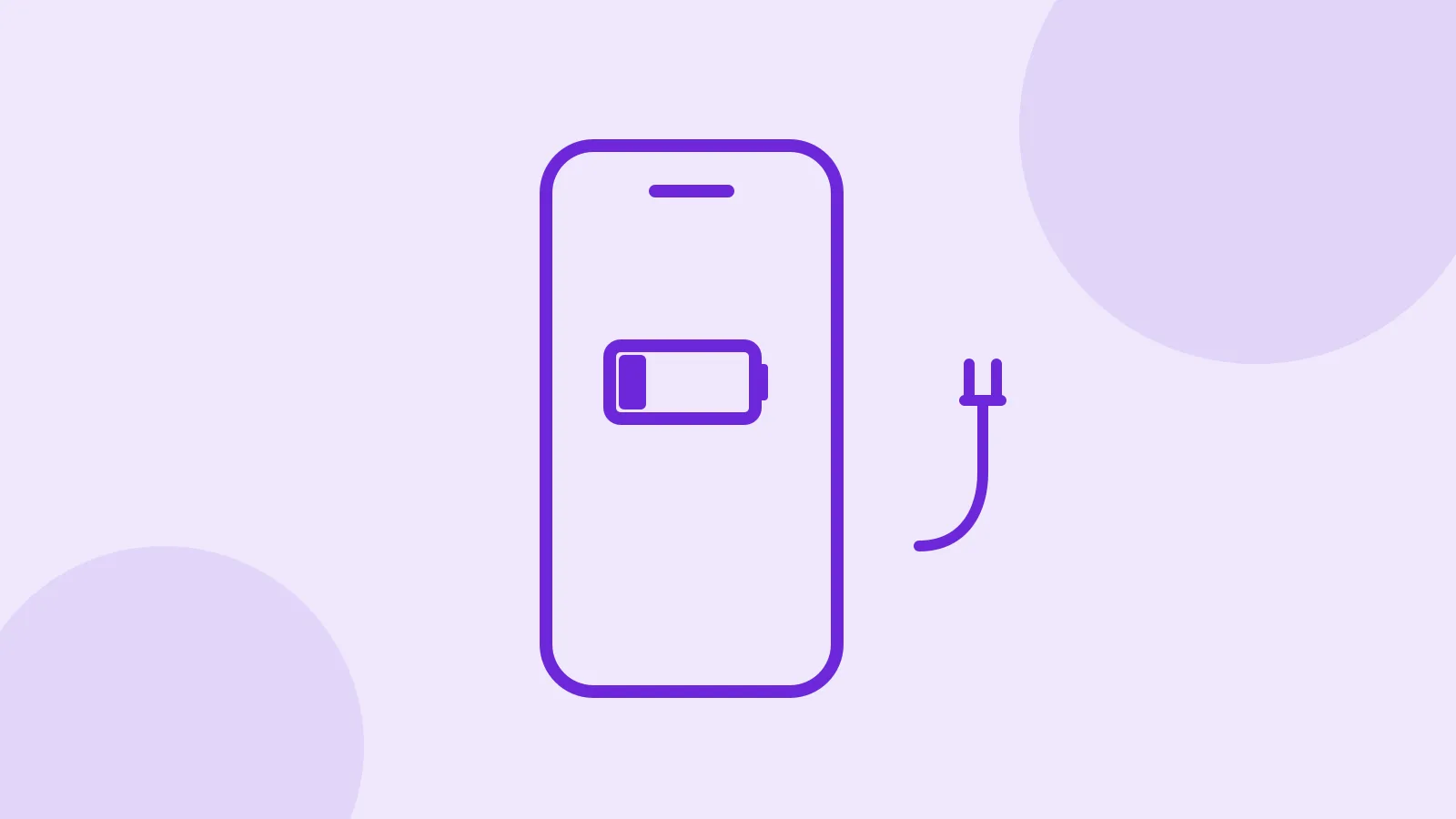 Illustration of an iPhone with a low red battery icon next to a charging cable