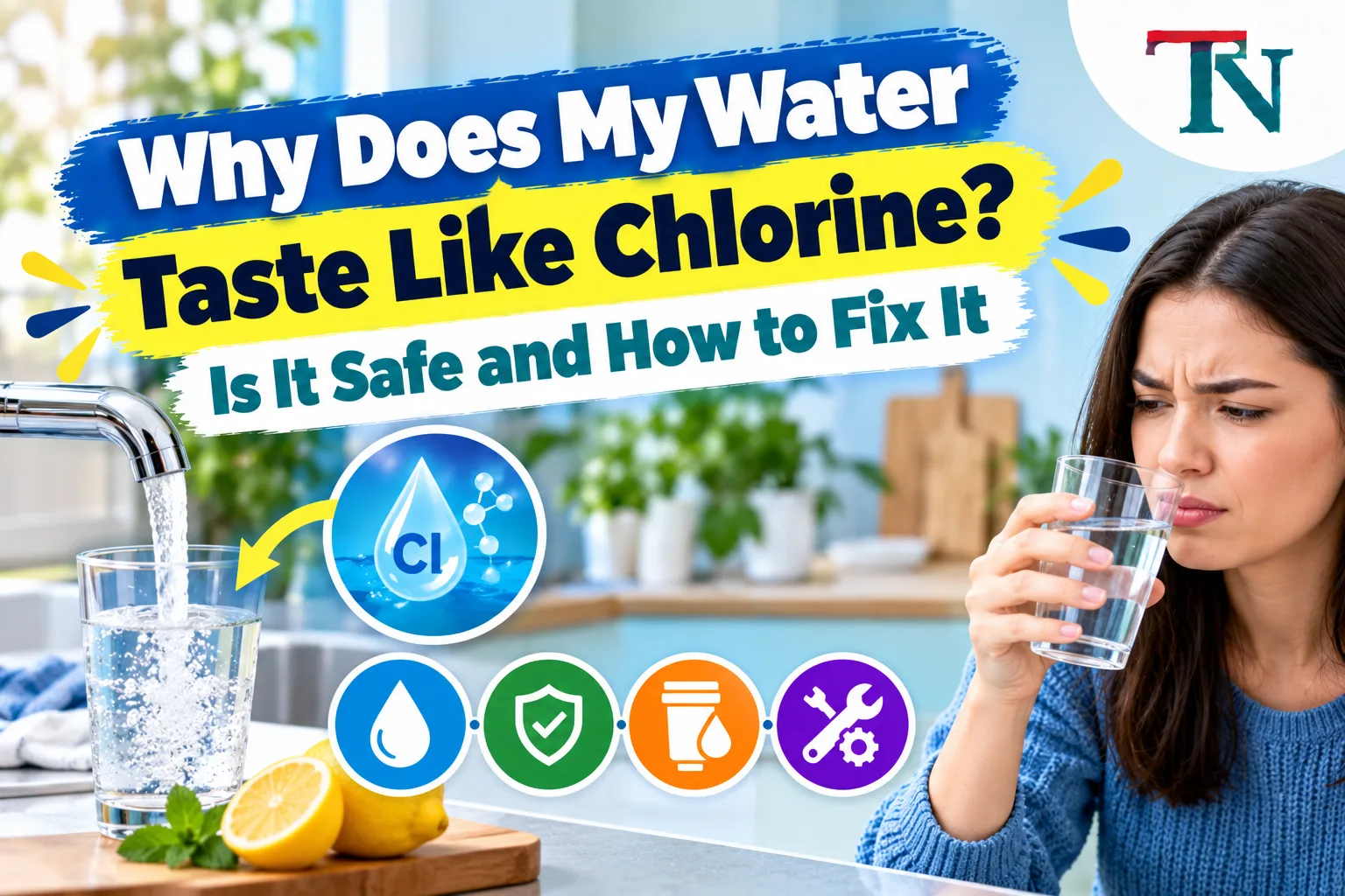 Woman tasting a glass of tap water with a chlorine symbol and lemon slices nearby