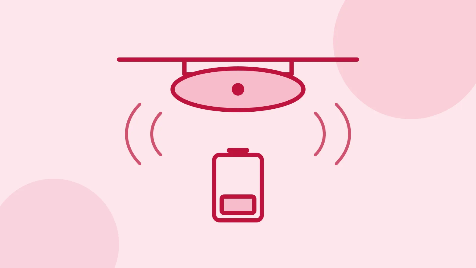 Illustration of a ceiling smoke detector with small sound marks and a battery