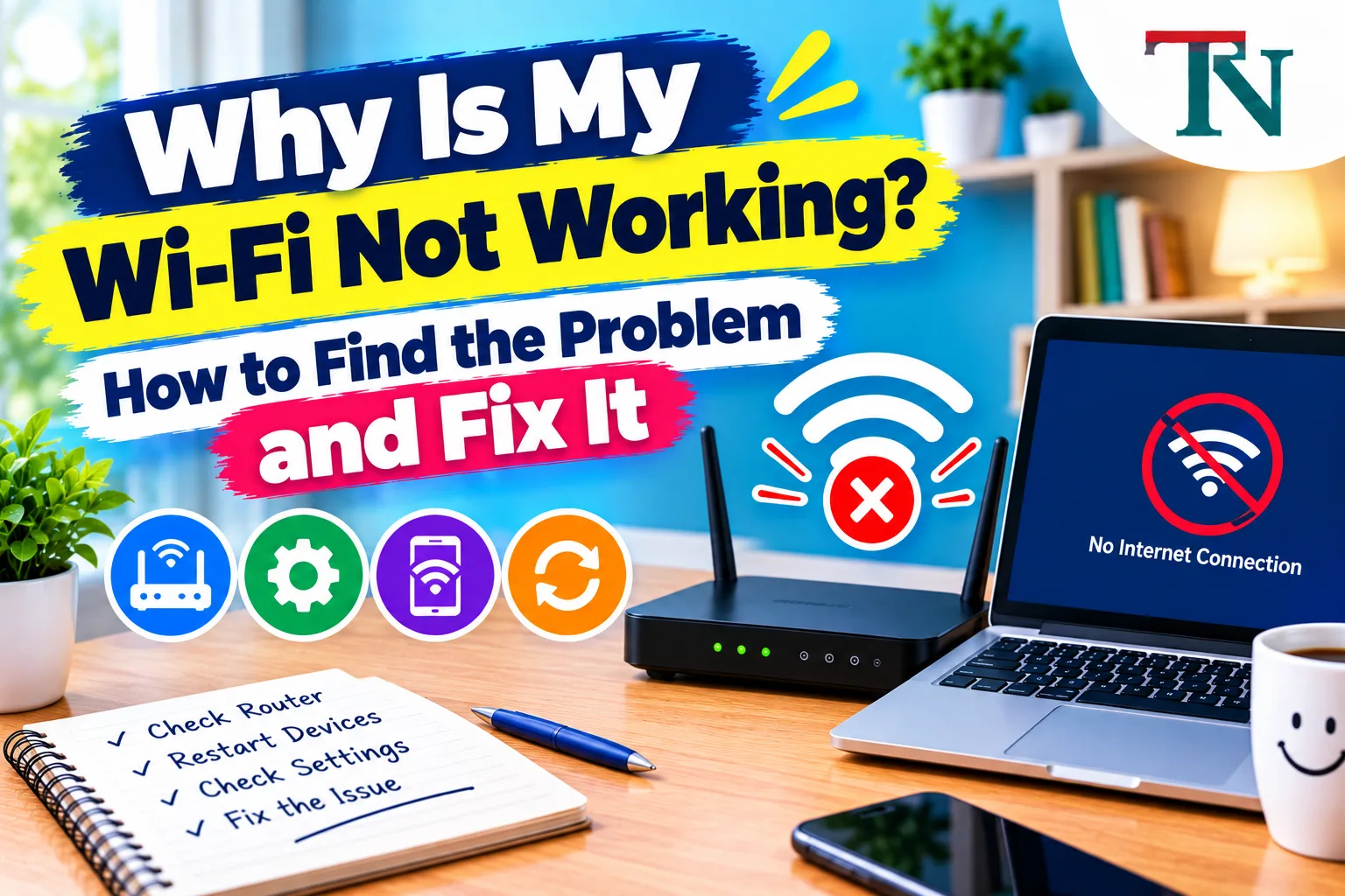 Laptop showing No Internet Connection next to a router with a Wi-Fi error sign
