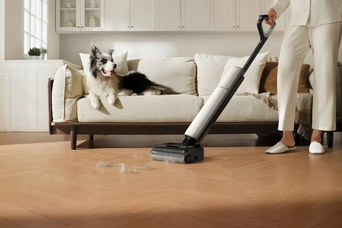 Person vacuuming a wooden floor while a dog watches