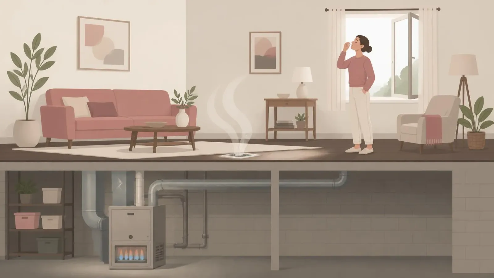 Person smelling the air near an open window as warm air rises from a floor vent above a basement furnace