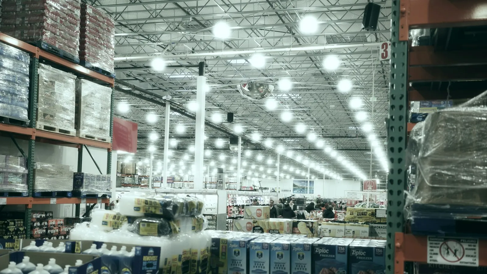 Warehouse store aisle with high shelves