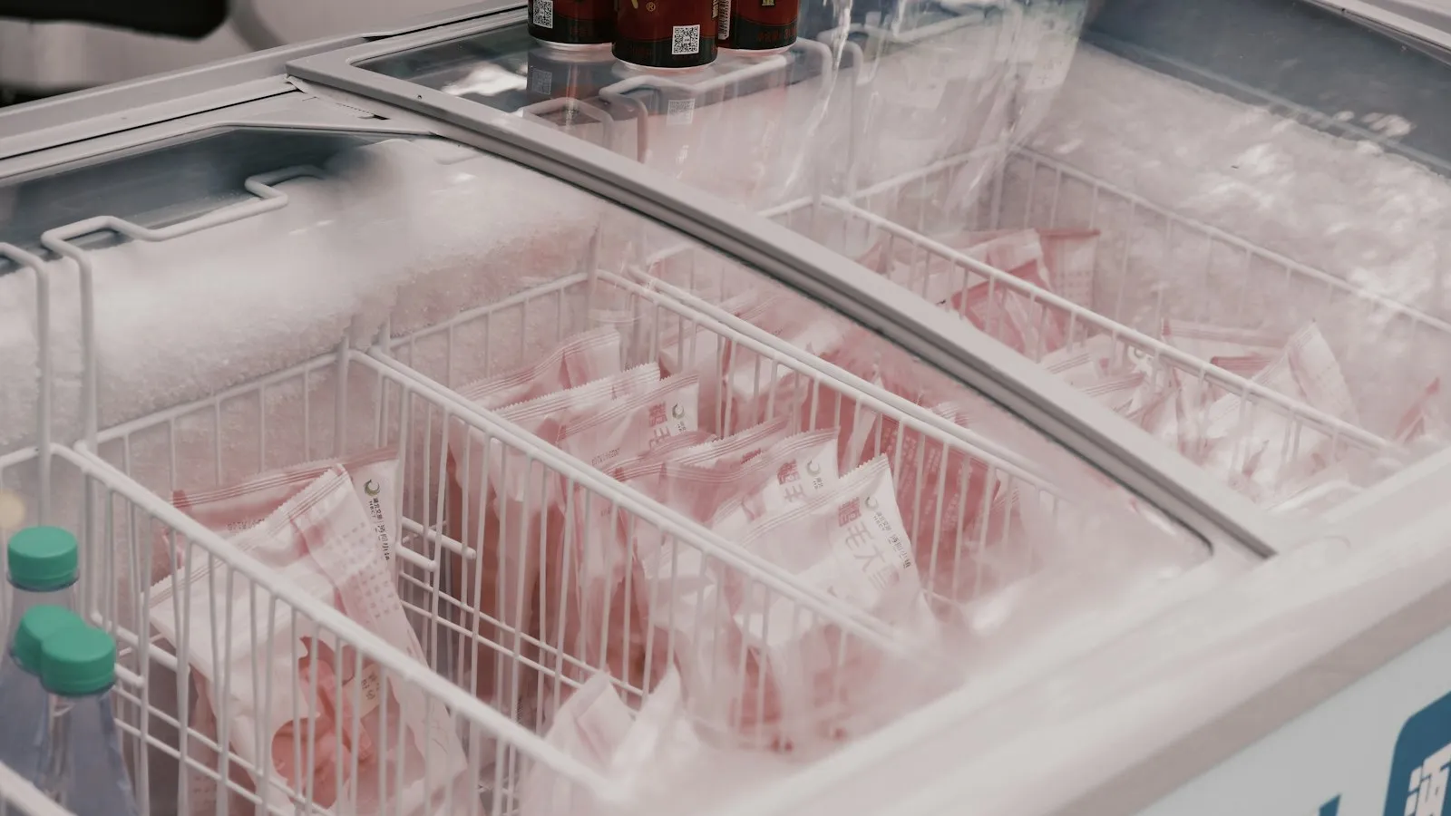 Open freezer chest full of packaged food