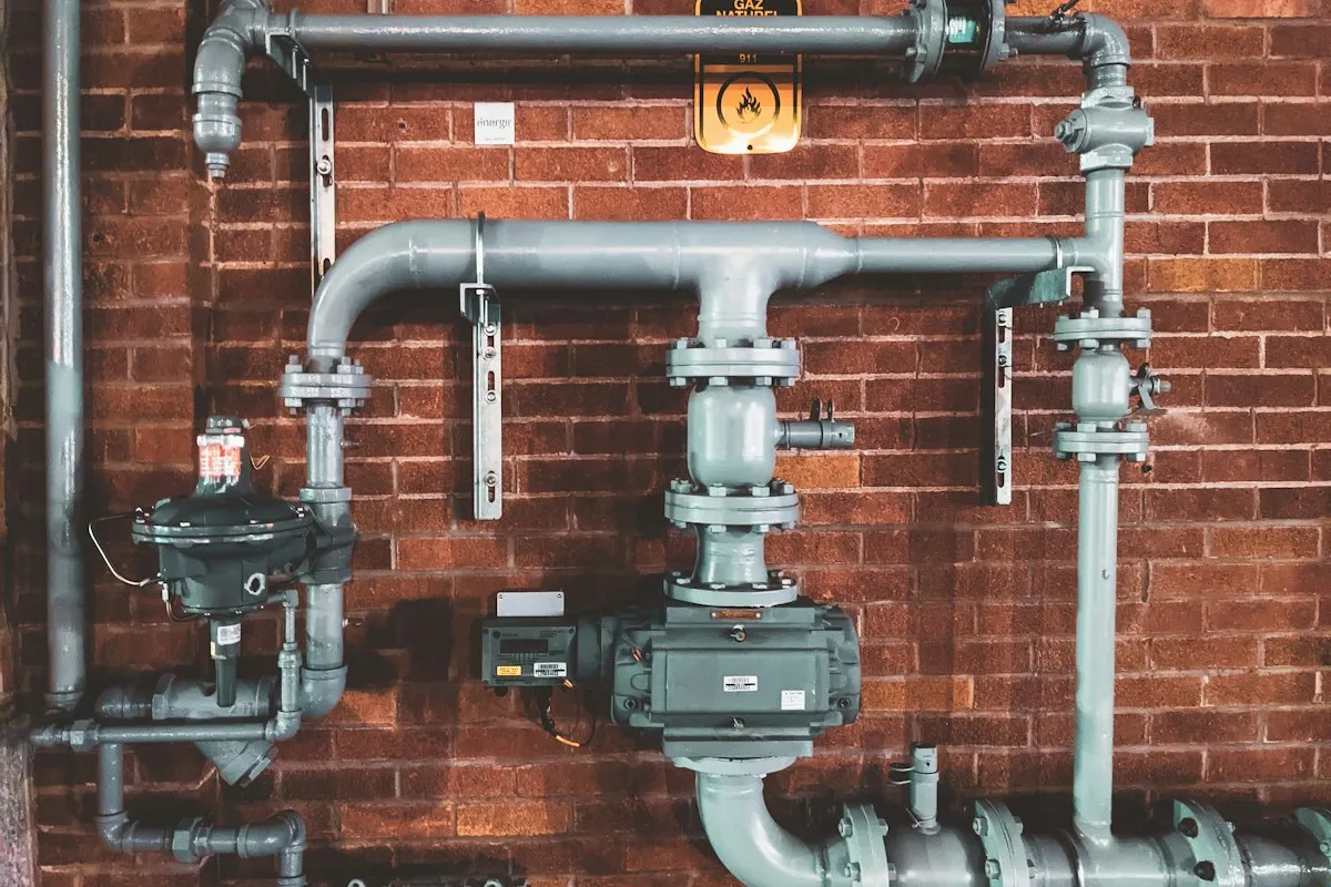Gray metal pipes running along a brick wall