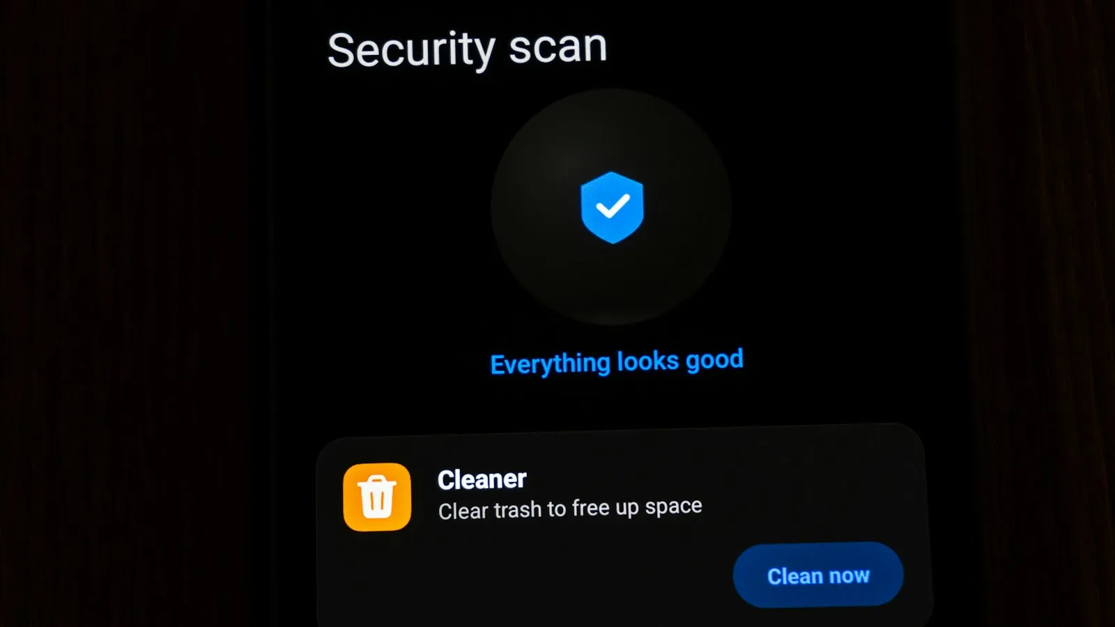 Android phone screen showing a security scan with a blue shield and the message everything looks good