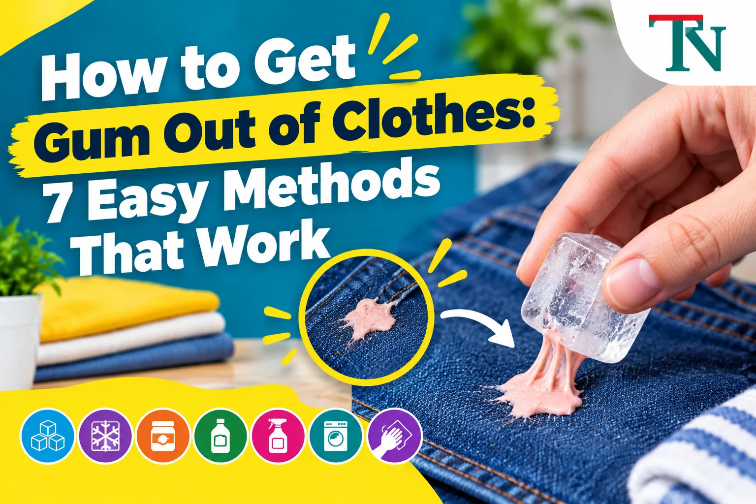 Hand pressing an ice cube on pink chewing gum stuck to blue jeans