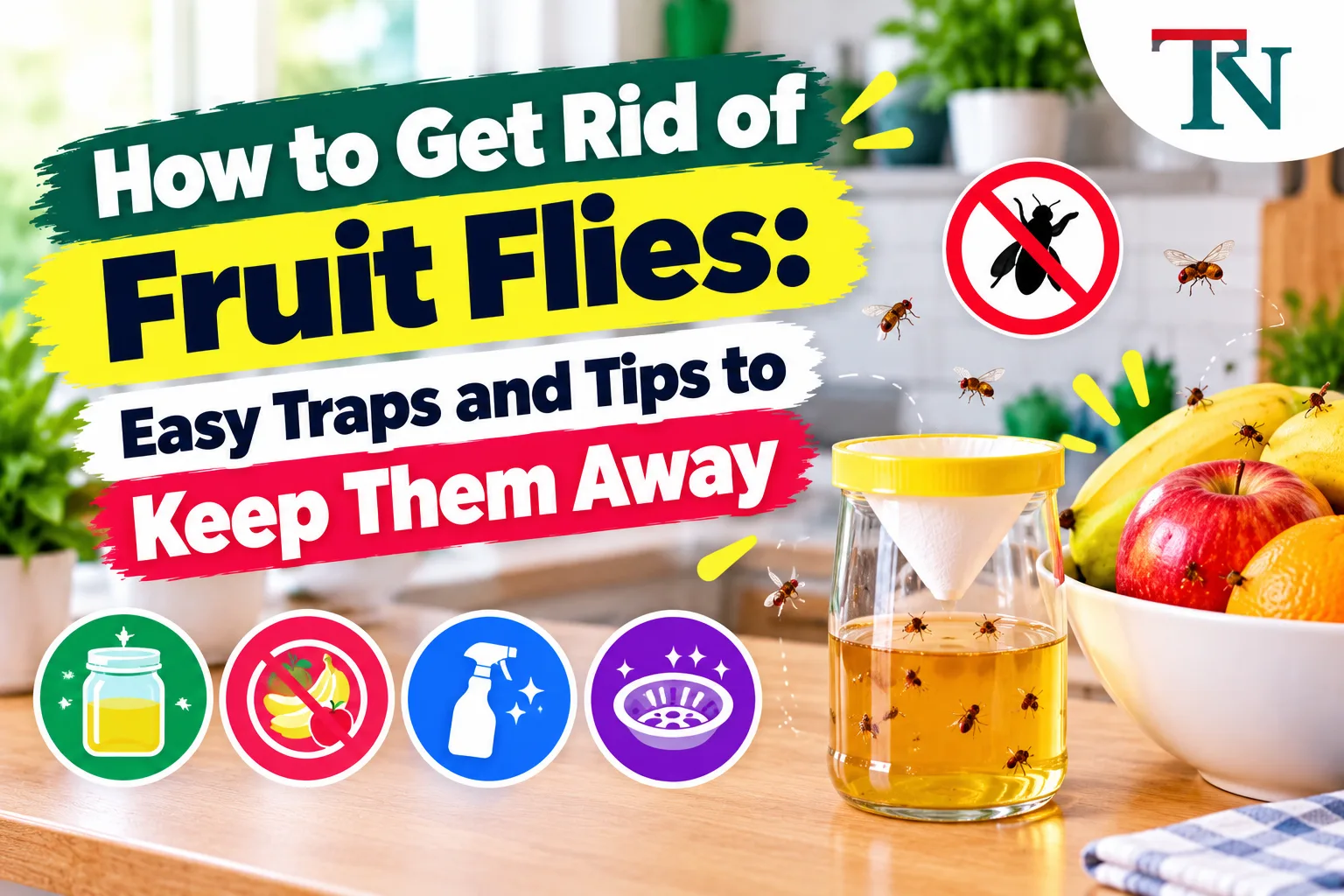 Glass jar fruit fly trap with a paper funnel next to a bowl of fruit