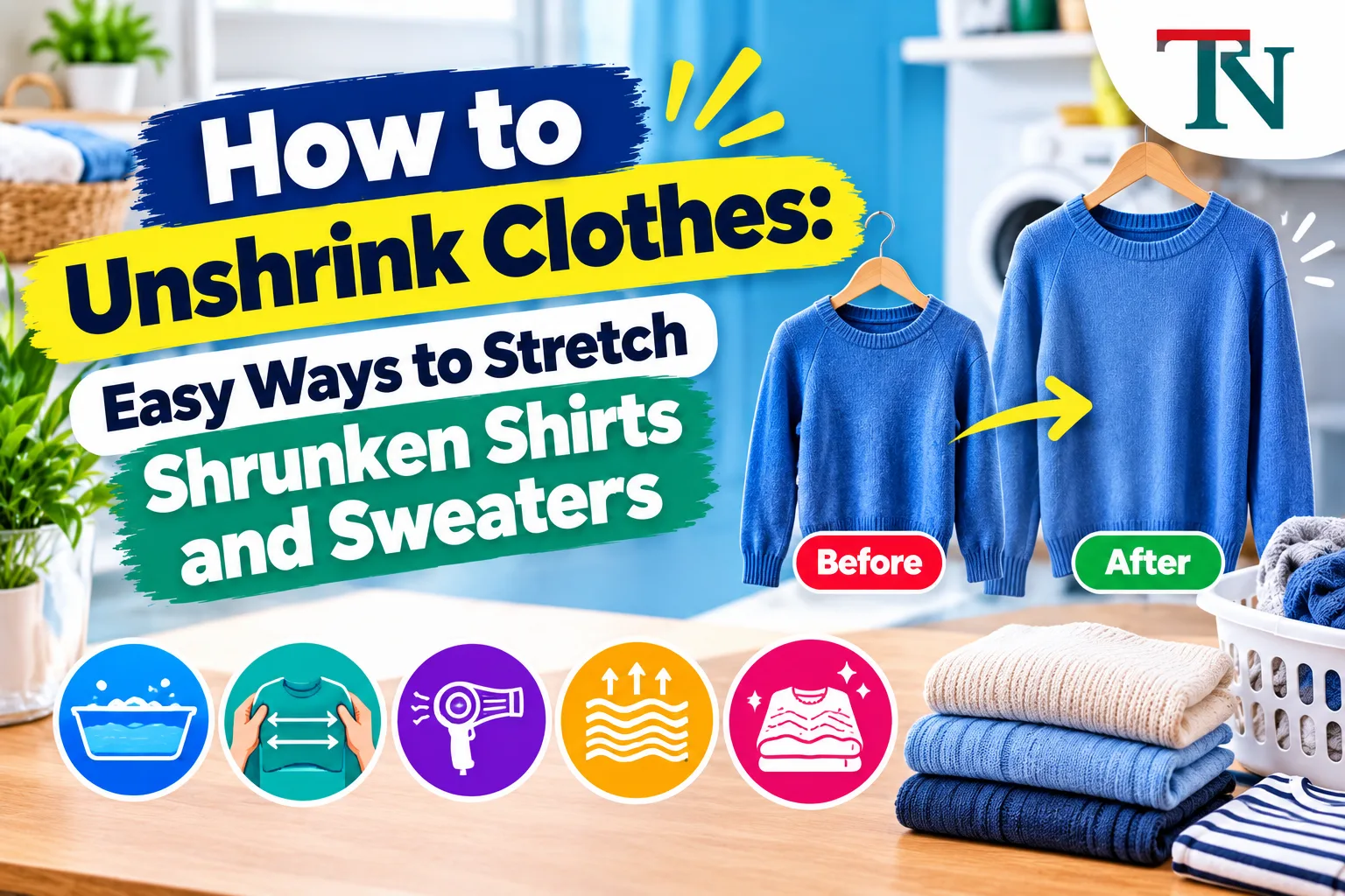 Blue sweater shown shrunken before and stretched back to size after, with folded clothes on a table