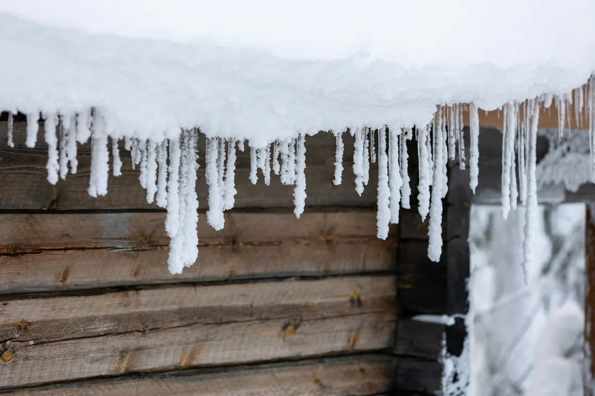 Icicles hanging from a snowy cabin roof edge