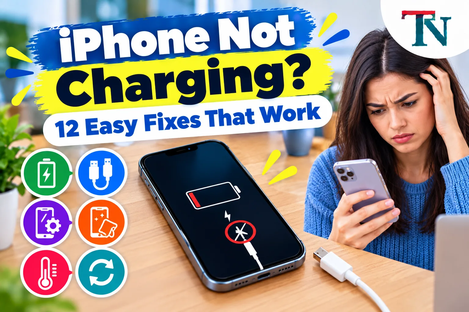 iPhone on a table showing a low battery and a charging error, next to a worried woman holding another phone