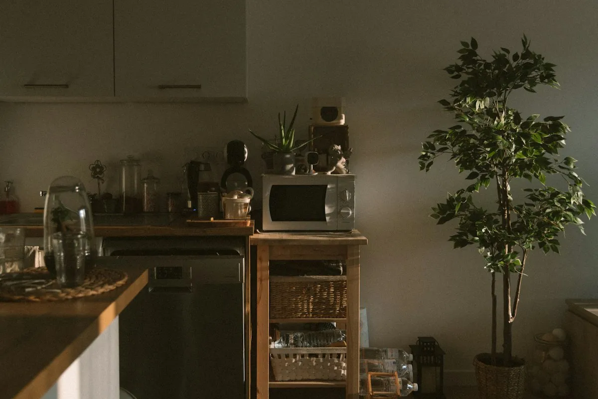 A silver microwave oven on a brown wooden kitchen cabinet