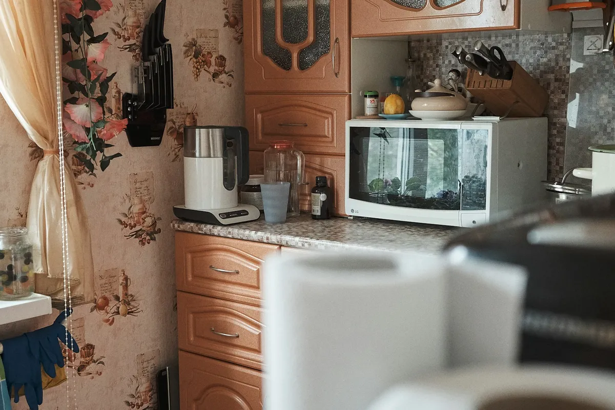 A microwave oven on a kitchen counter