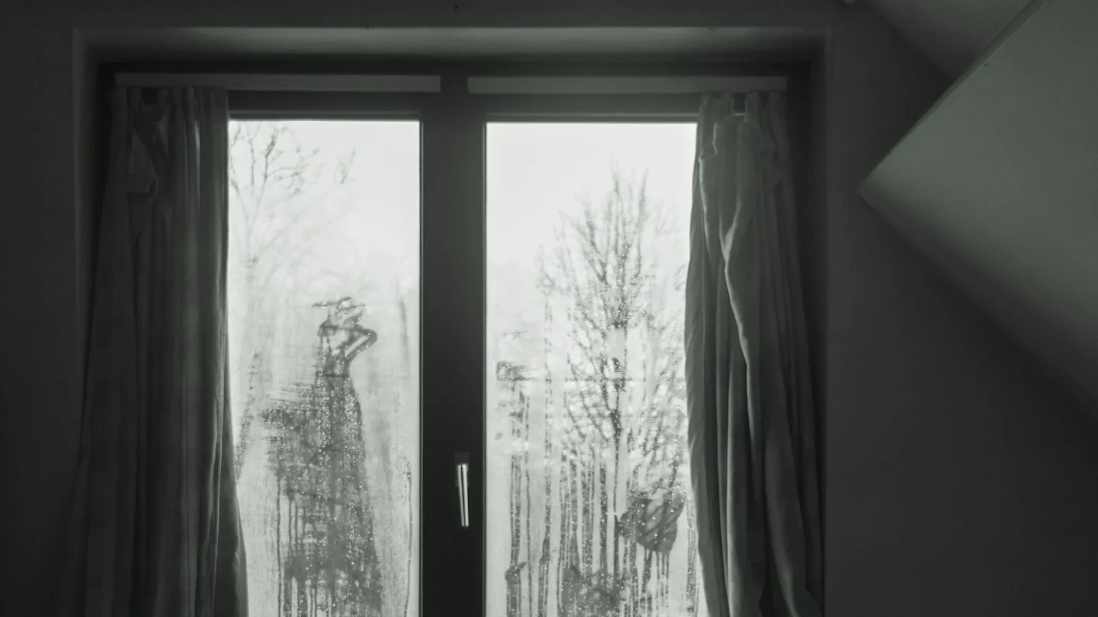 Bedroom window with frost-streaked glass and bare trees outside