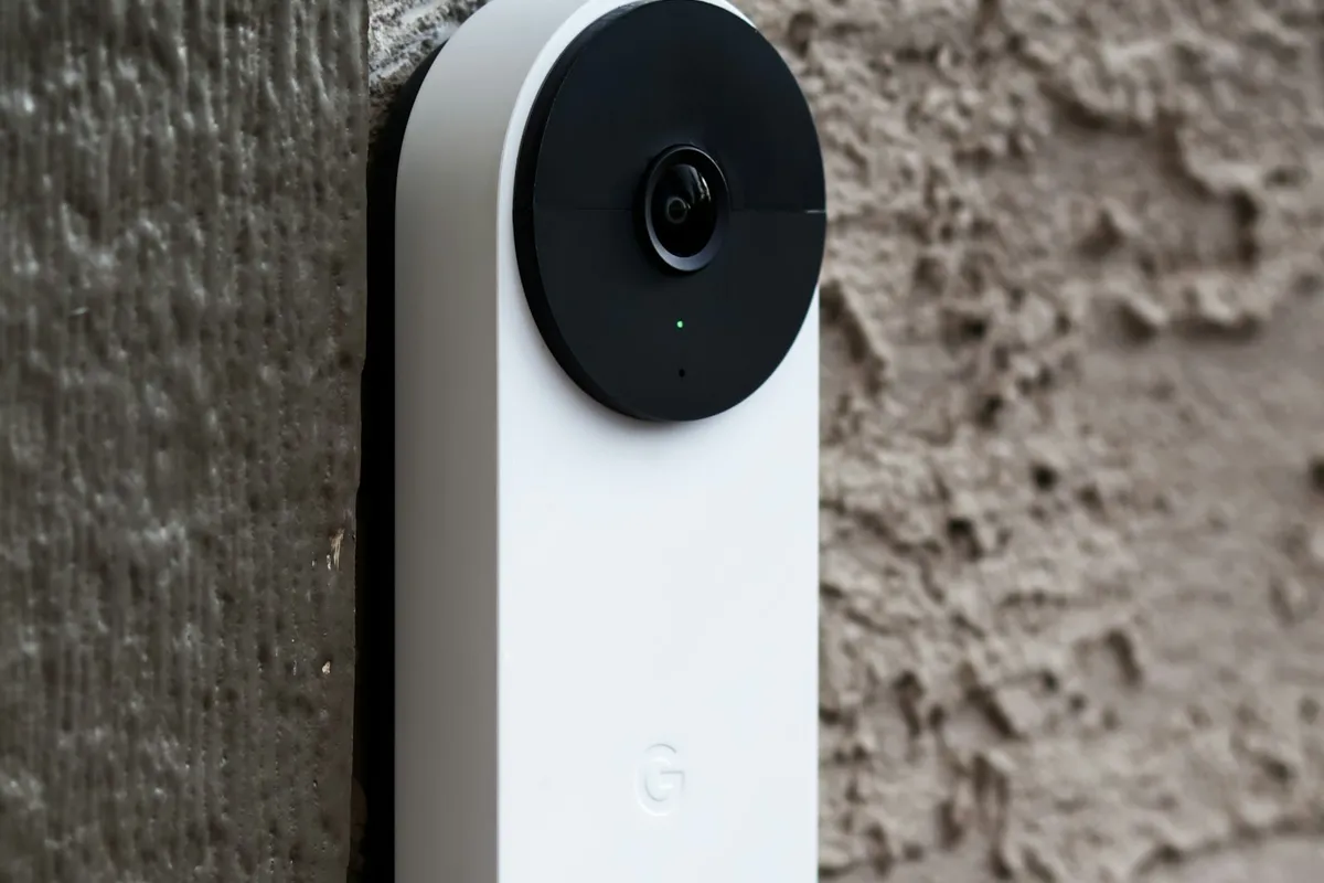 A small camera doorbell mounted on an exterior wall