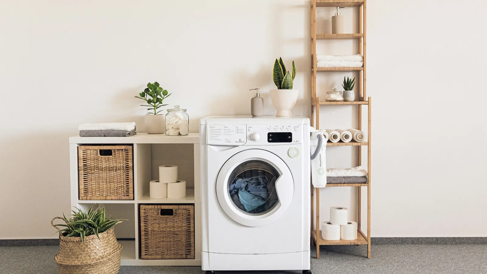 Washer and dryer side by side in a laundry room