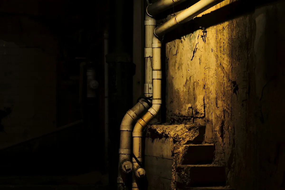 Pipes running along the wall of a dim basement