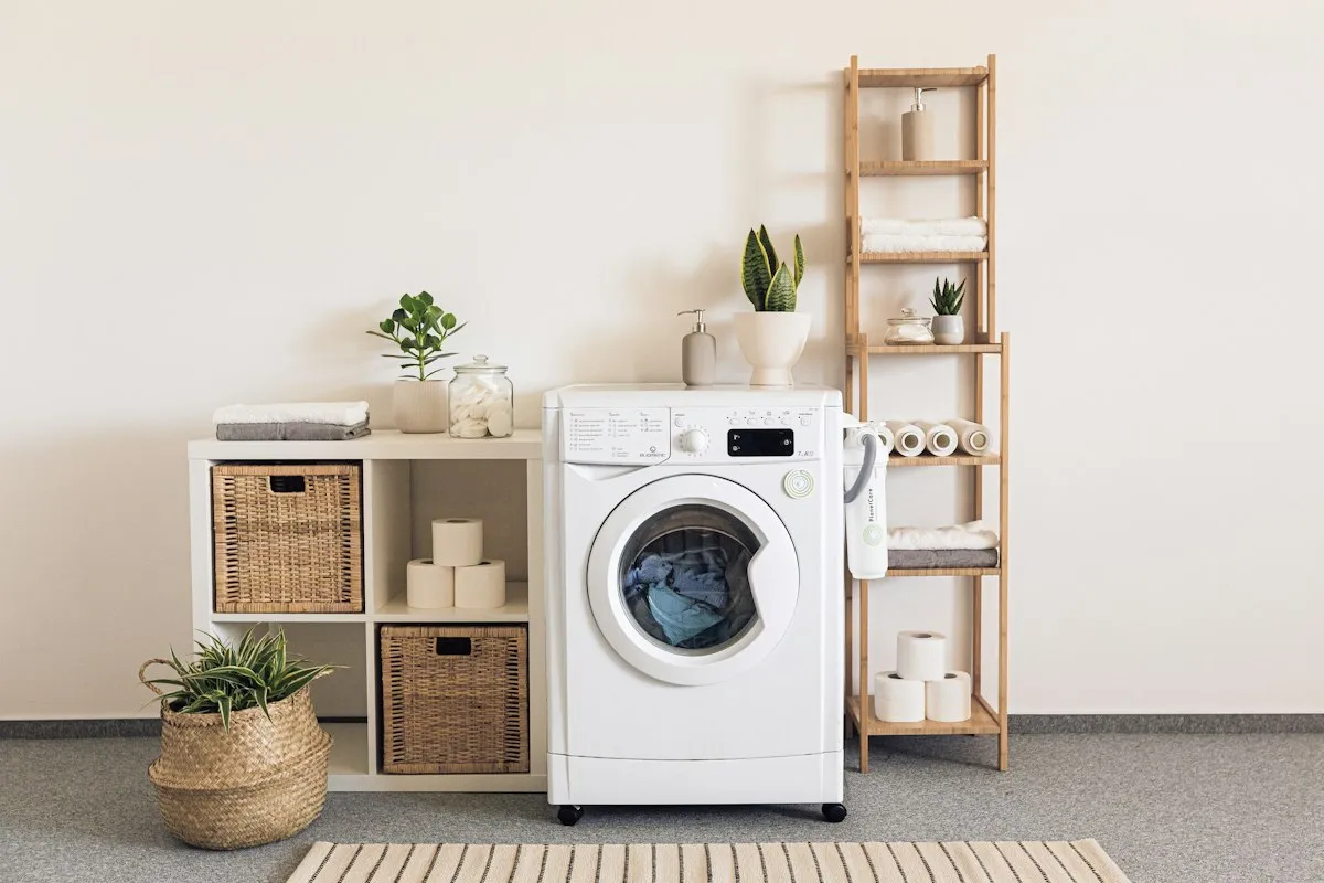 A washing machine in a bright room with shelves and a plant