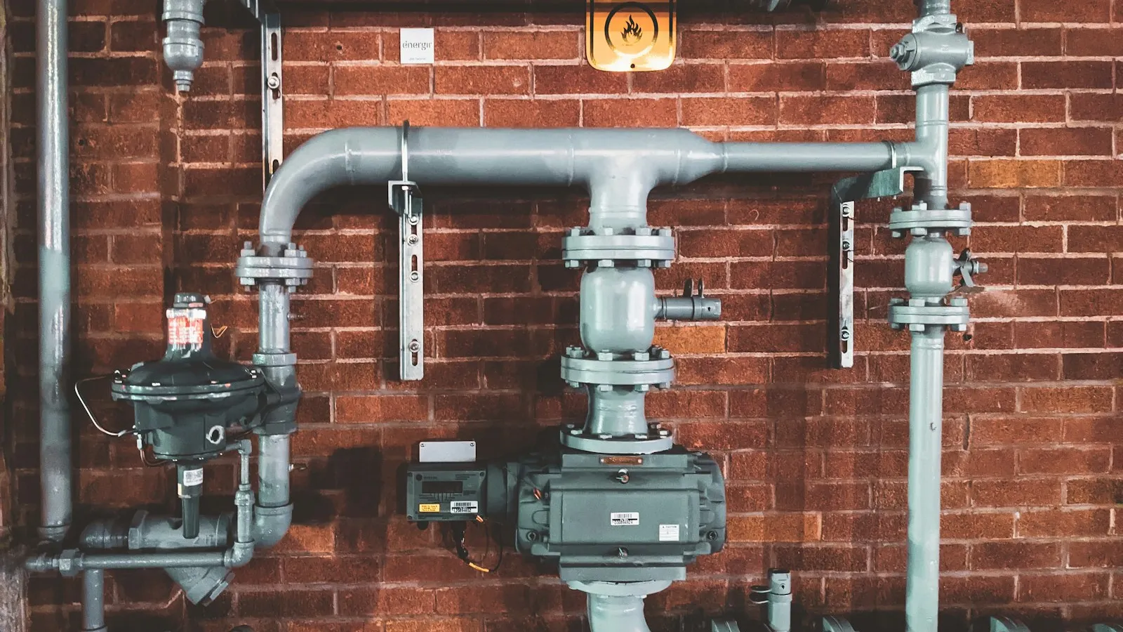 Gray metal pipes running along a red brick wall