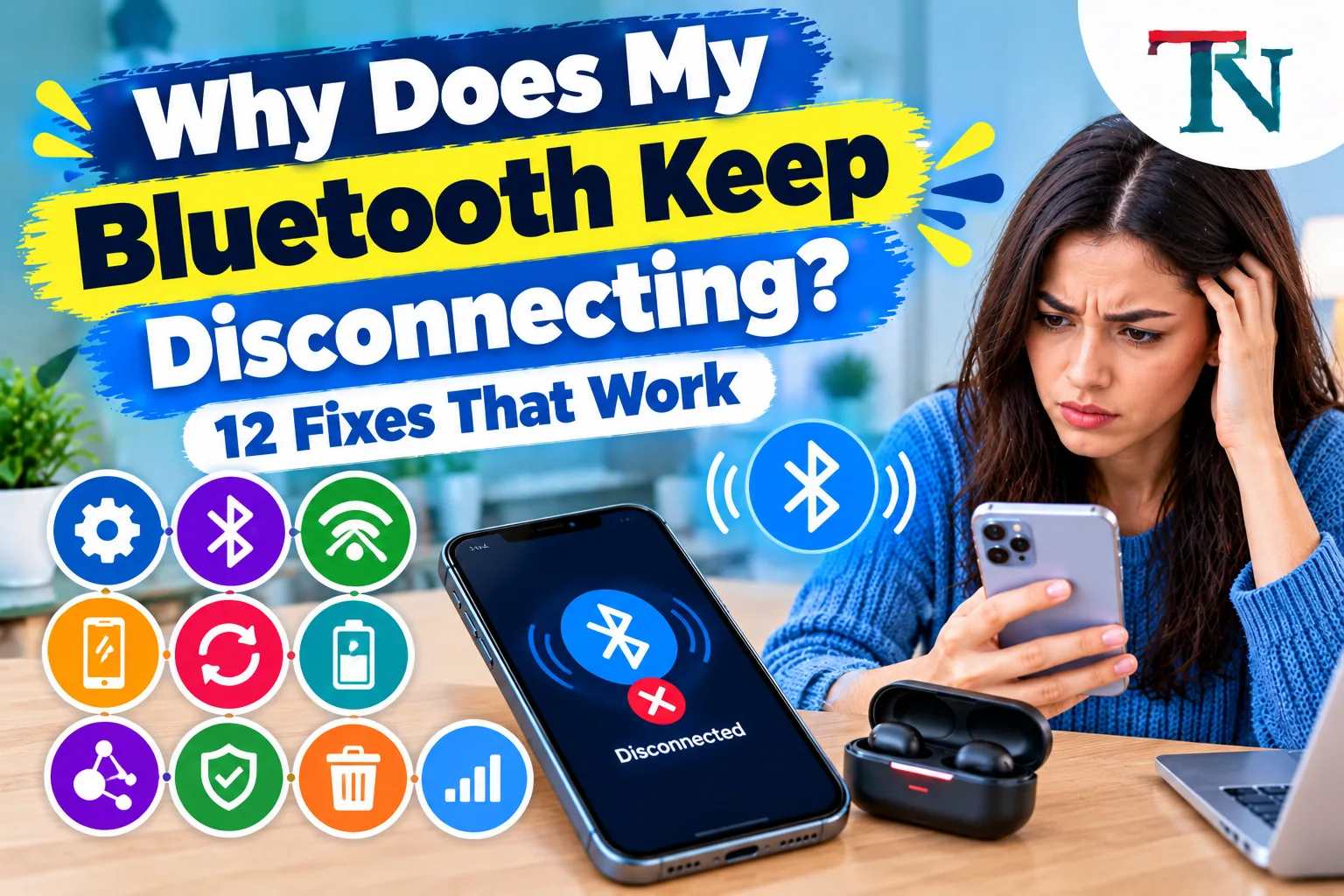 Phone showing a Bluetooth disconnected message next to wireless earbuds in their case