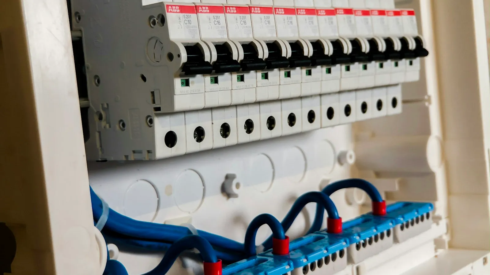 Open electrical panel with a row of circuit breakers