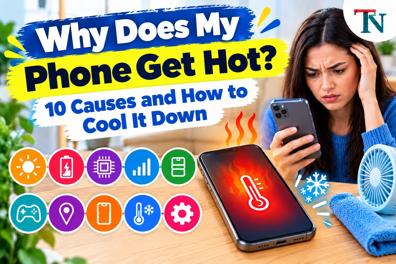 Phone on a table with a red hot thermometer on its screen, next to a small fan and a cloth