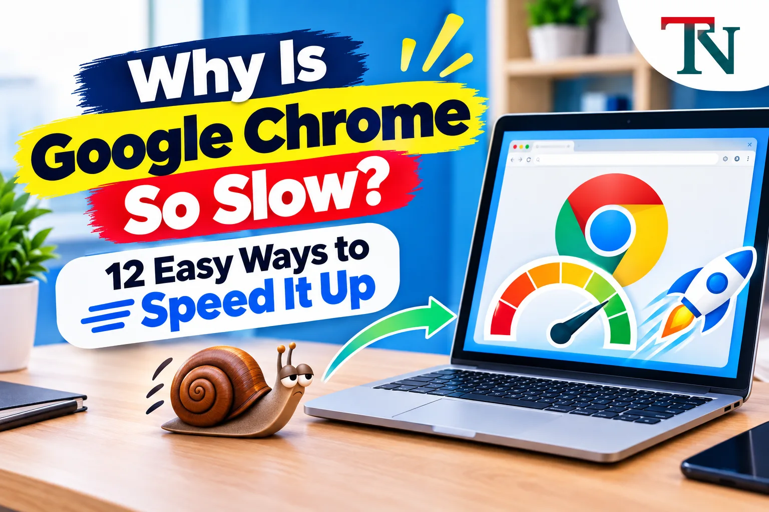 Laptop showing the Chrome logo and a speed meter, with a snail beside it