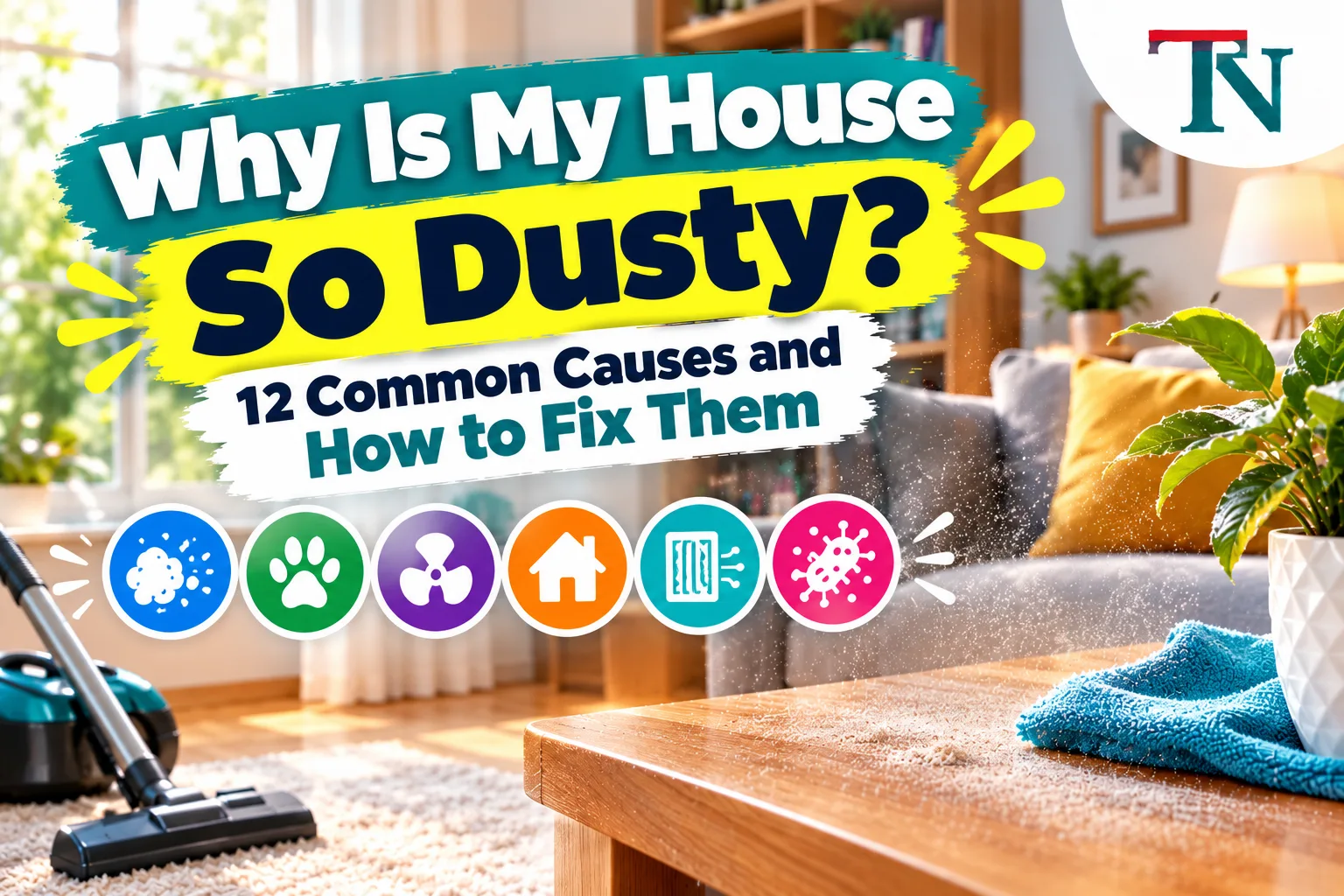 Dust floating over a living room table next to a cloth and a vacuum cleaner