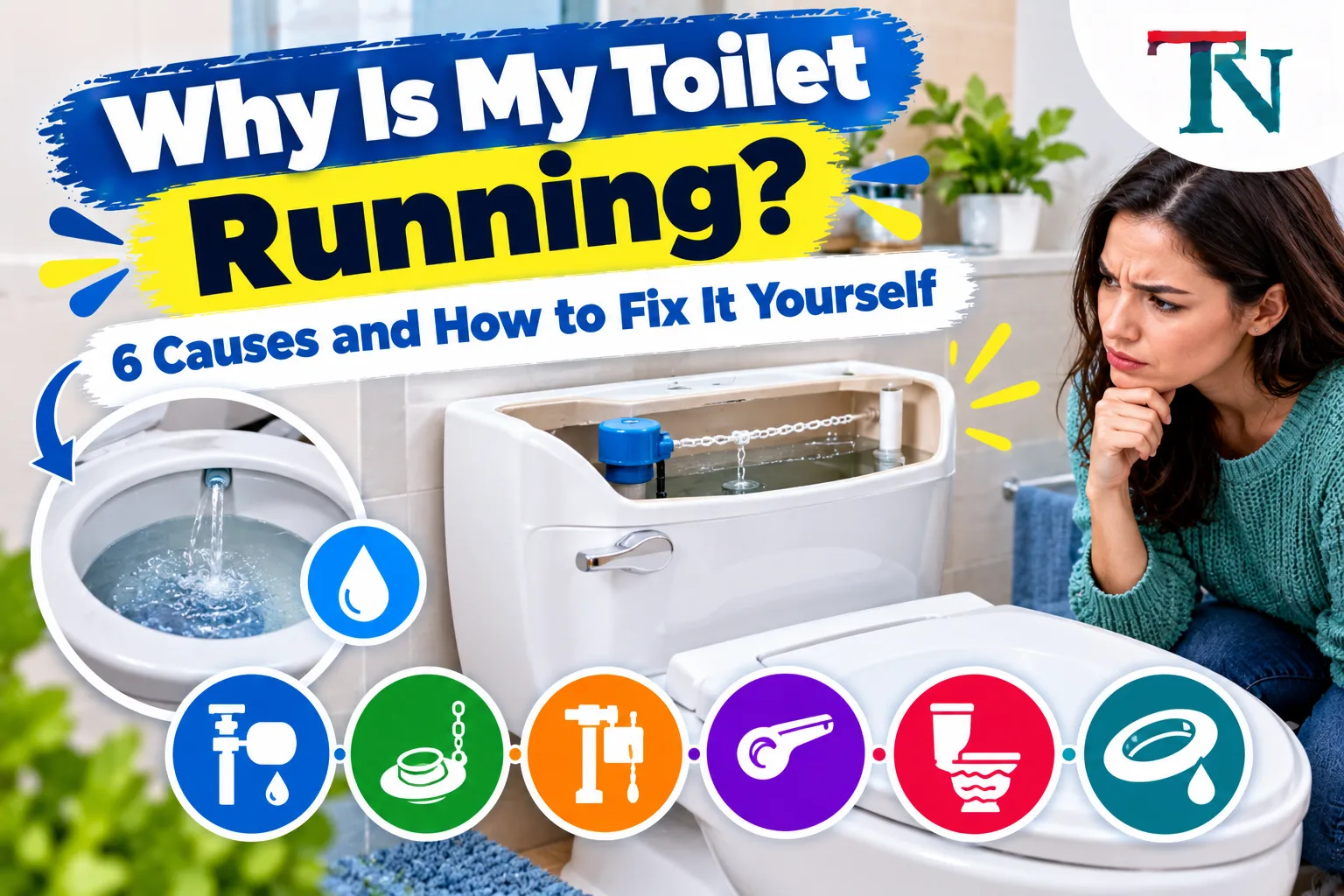 Woman checking a toilet tank with the lid off while water keeps running into the bowl